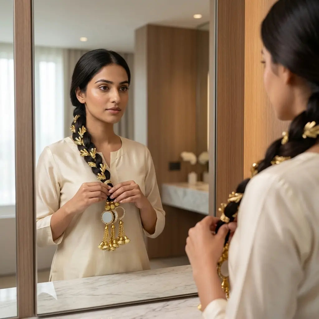 Traditional Golden Hair Lacha with Mirrors and Bells