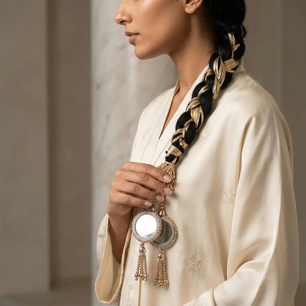 Traditional Gold Hair Lacha with Mirrors and Tassels