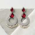 Red Stone & Pearl Hoop Statement Earrings