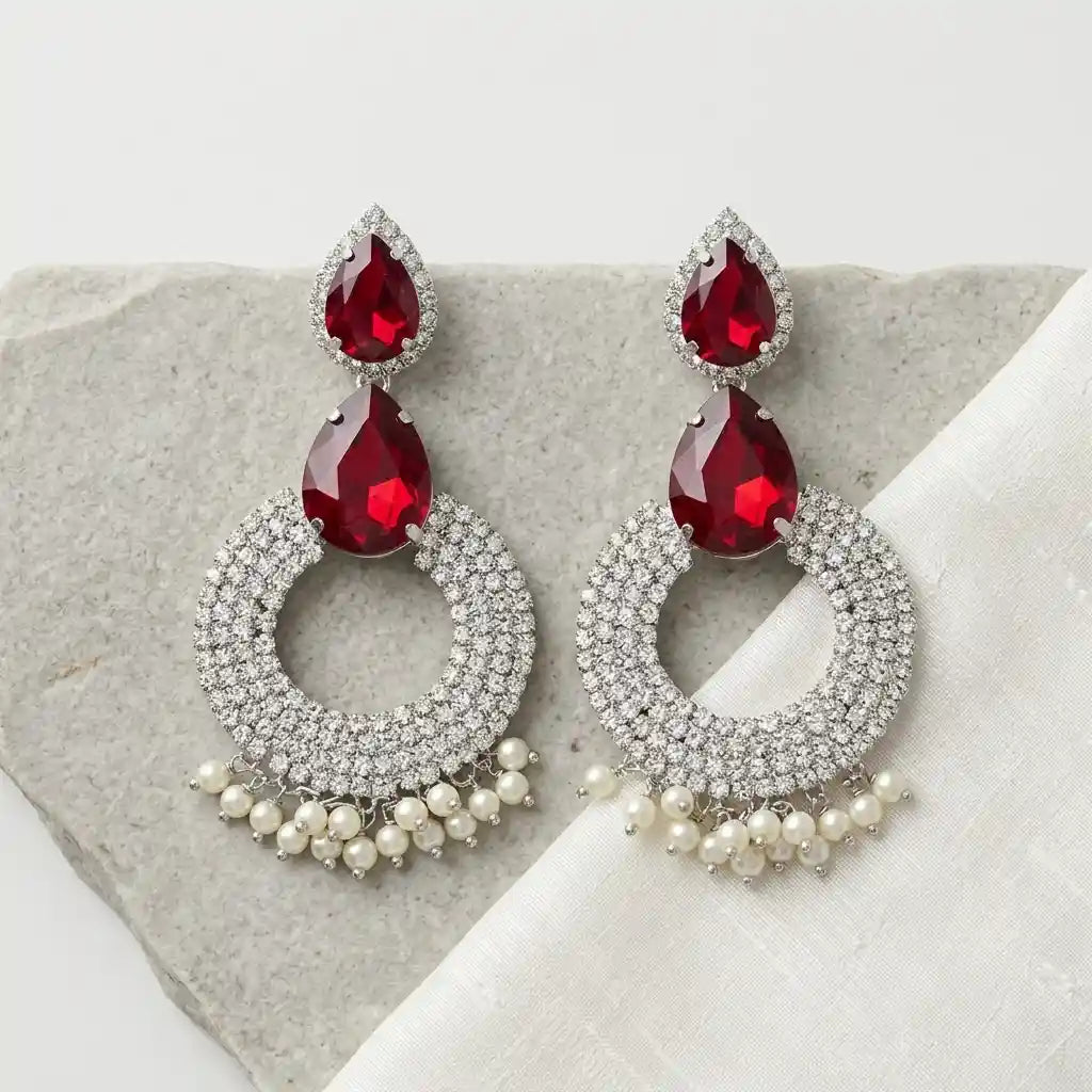 Red Stone & Pearl Hoop Statement Earrings
