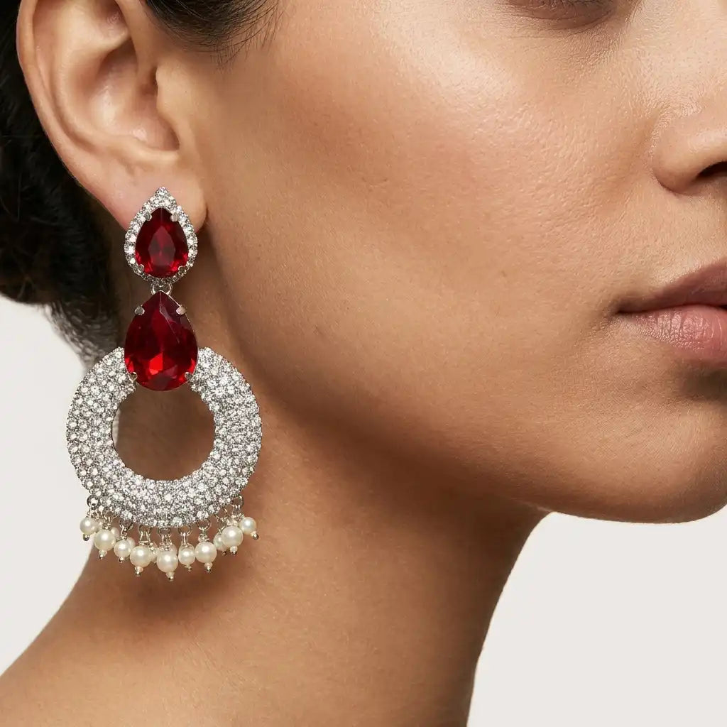 Red Stone & Pearl Hoop Statement Earrings