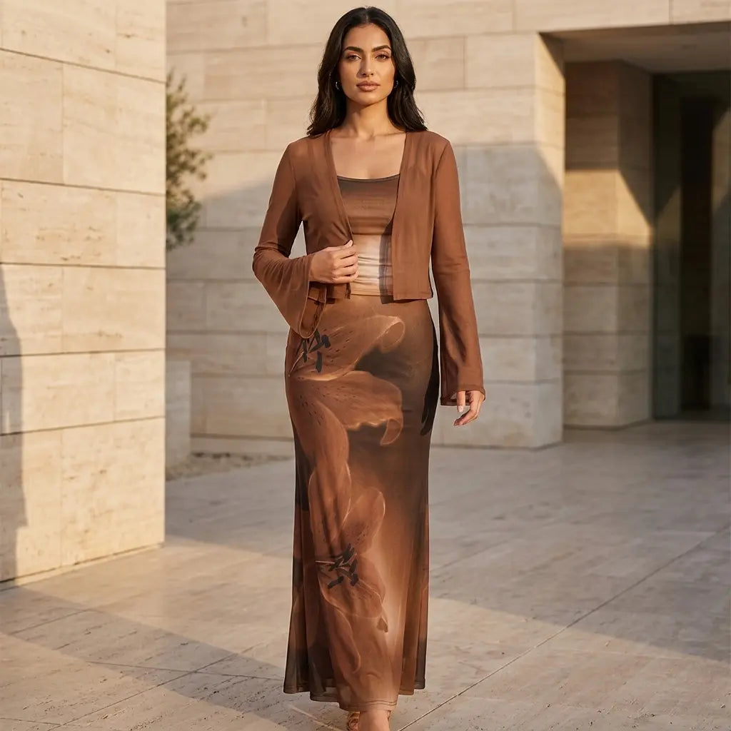 Floral Brown Bodycon Dress and Shrug Set