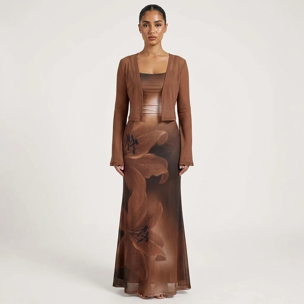 Floral Brown Bodycon Dress and Shrug Set