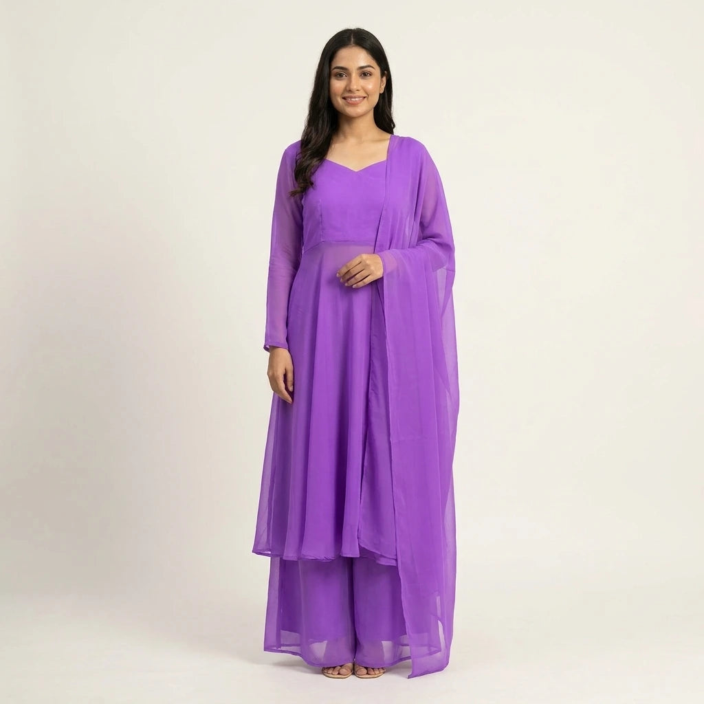 Elegant Anarkali Gown Set with Palazzo & Dupatta