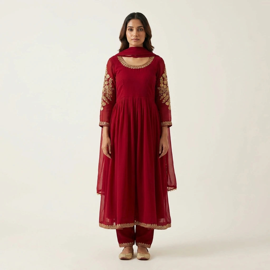 Embroidered Georgette Anarkali Gown Set, Size 38