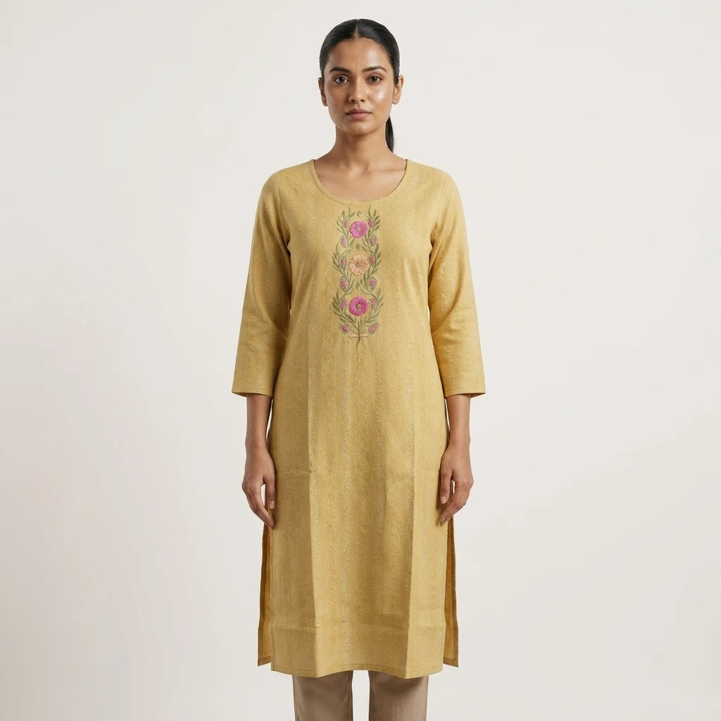 Yellow Floral Embroidered Kurthi Top - Size 38