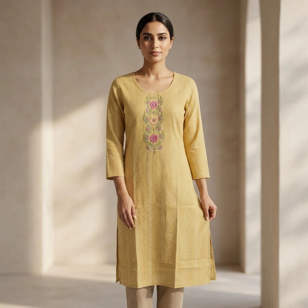 Yellow Floral Embroidered Kurthi Top - Size 38