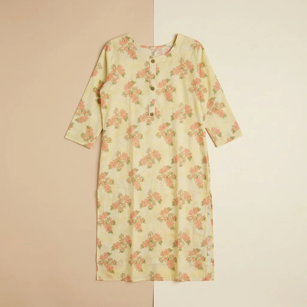 Yellow Floral Printed Cotton Kurthi Top - Size 42