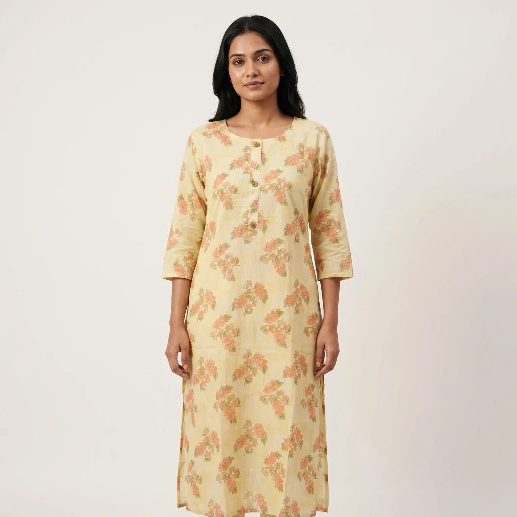 Yellow Floral Printed Cotton Kurthi Top - Size 42