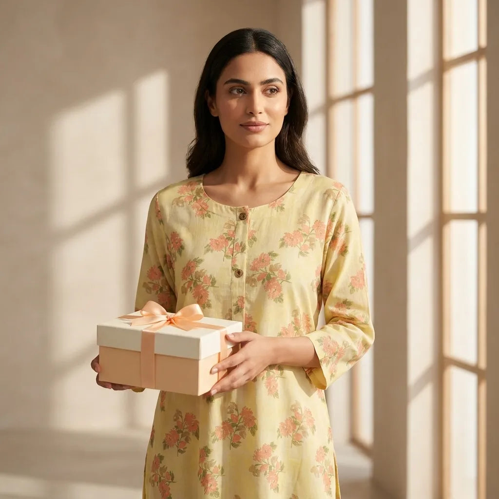 Yellow Floral Printed Cotton Kurthi Top - Size 42