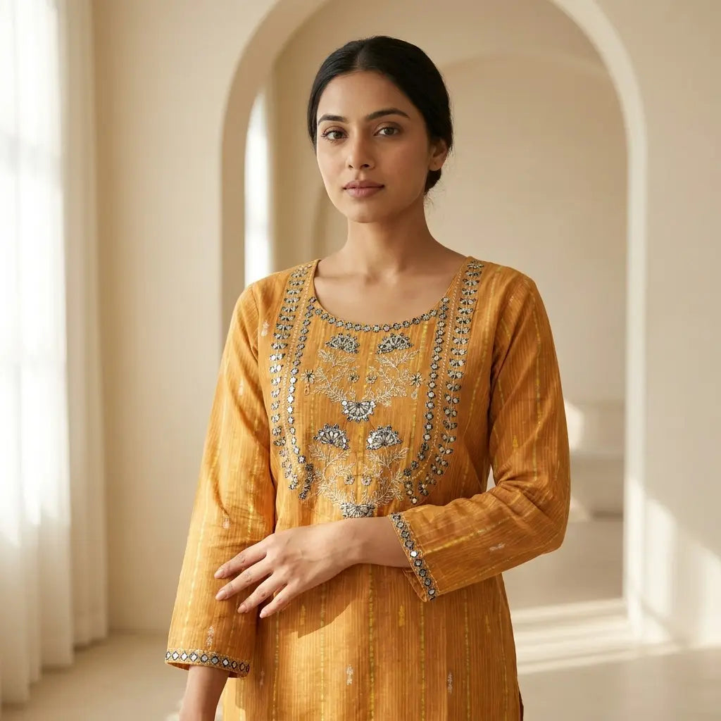 Mustard Yellow Cotton Kurthi Top - Size 40