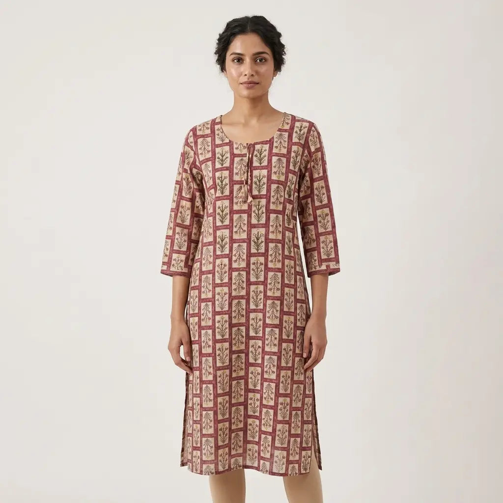 Pink Block Printed Cotton Kurti Top - Size 38