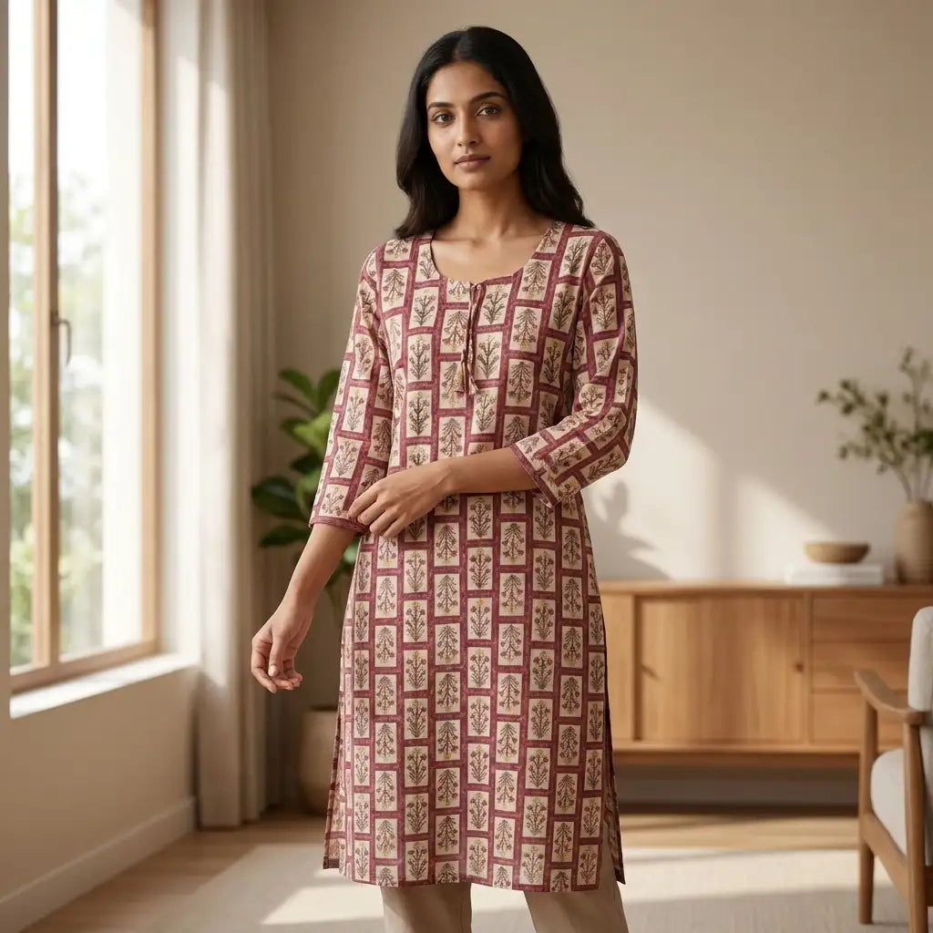 Pink Block Printed Cotton Kurti Top - Size 38