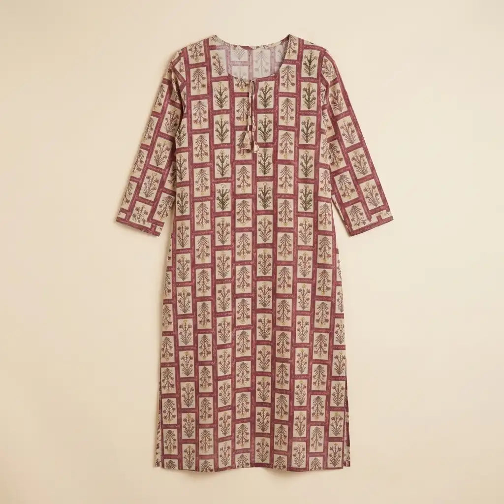 Pink Block Printed Cotton Kurti Top - Size 38