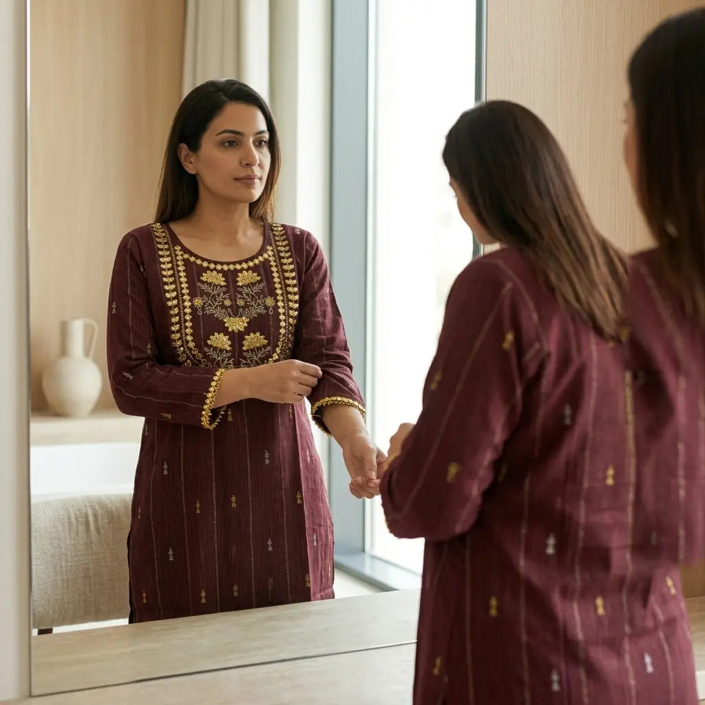 Burgundy Cotton Fabric Kurti Top - Size 40