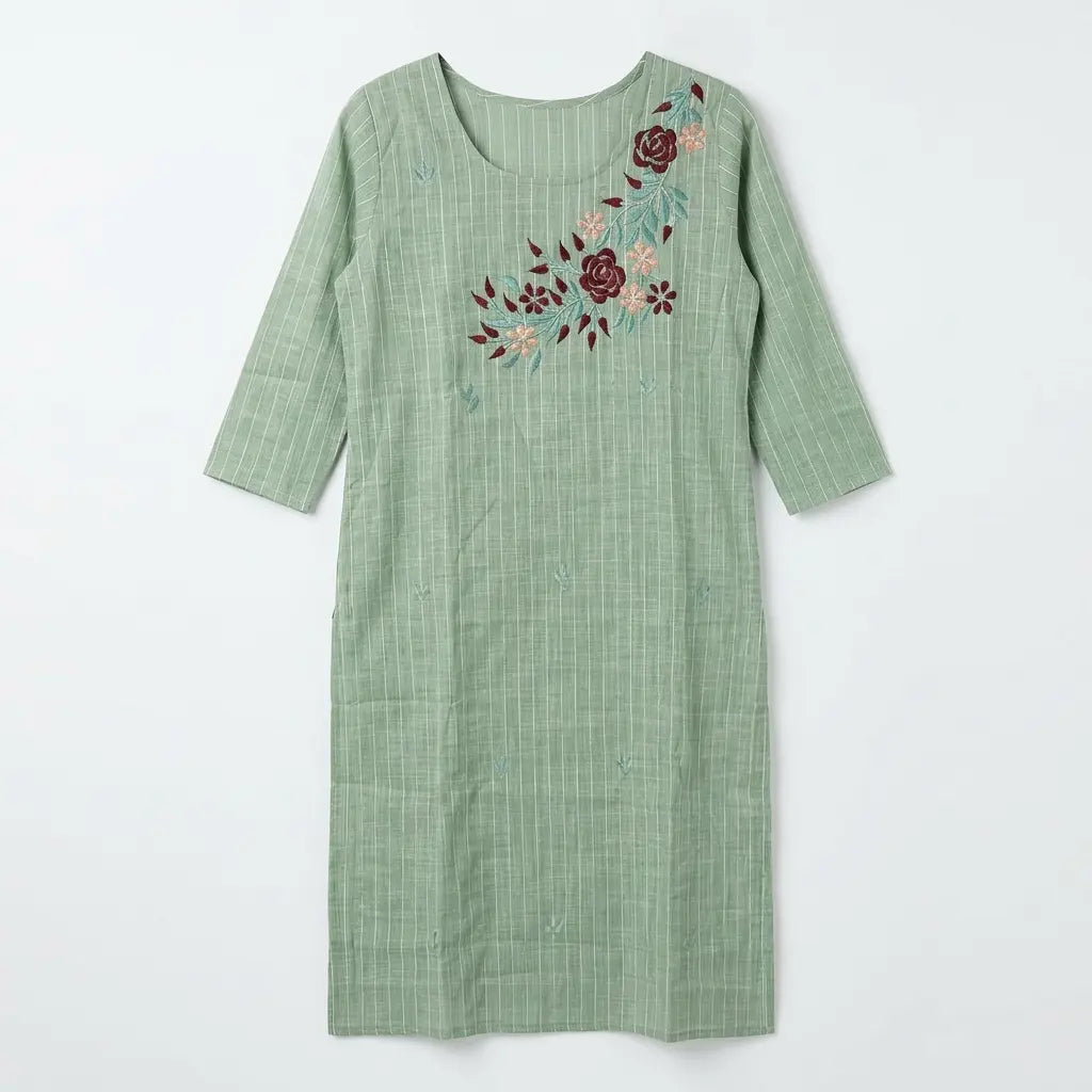 Green Floral Embroidered Kurthi Top - Size 36