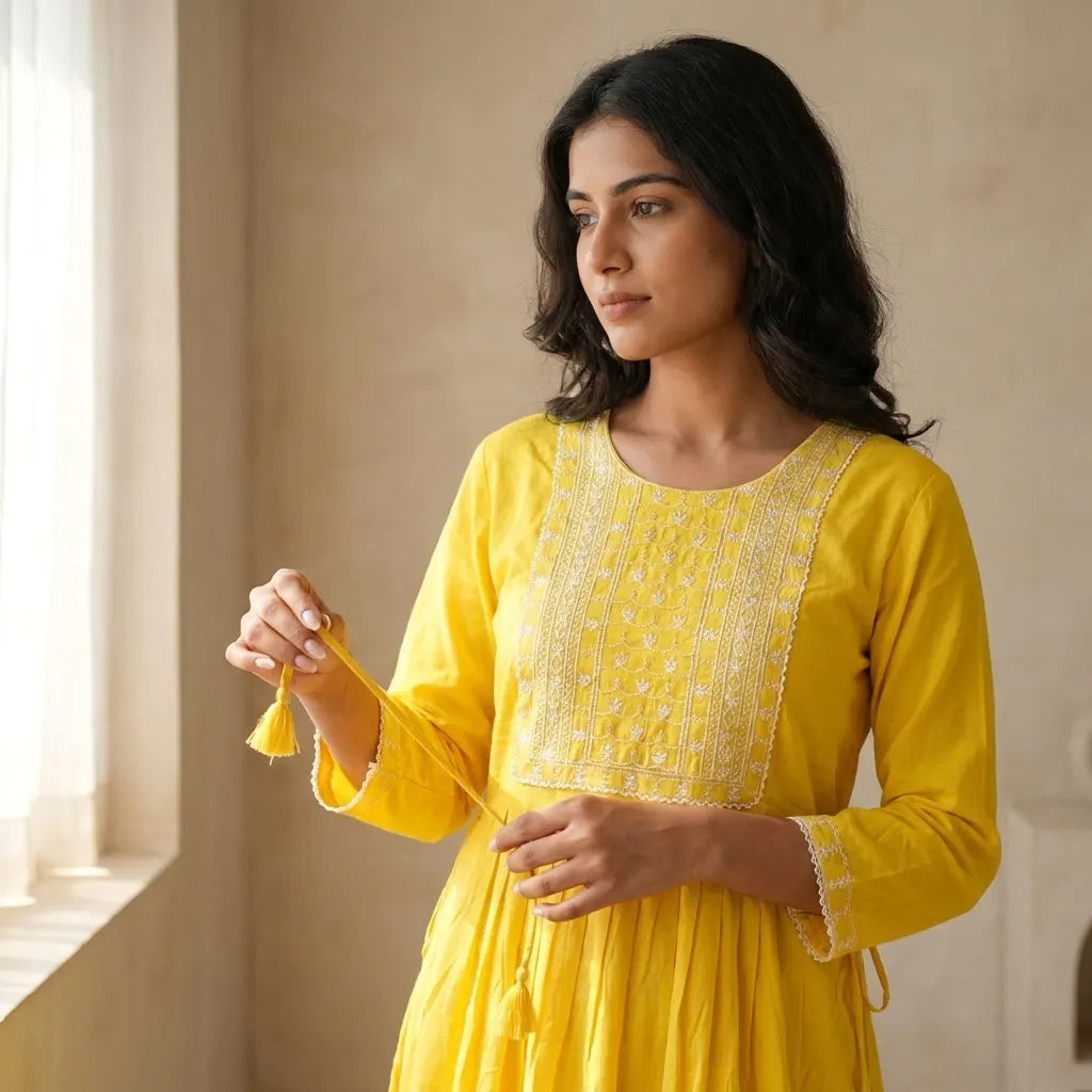 Yellow Cotton Fabric Kurti Top - Size 38
