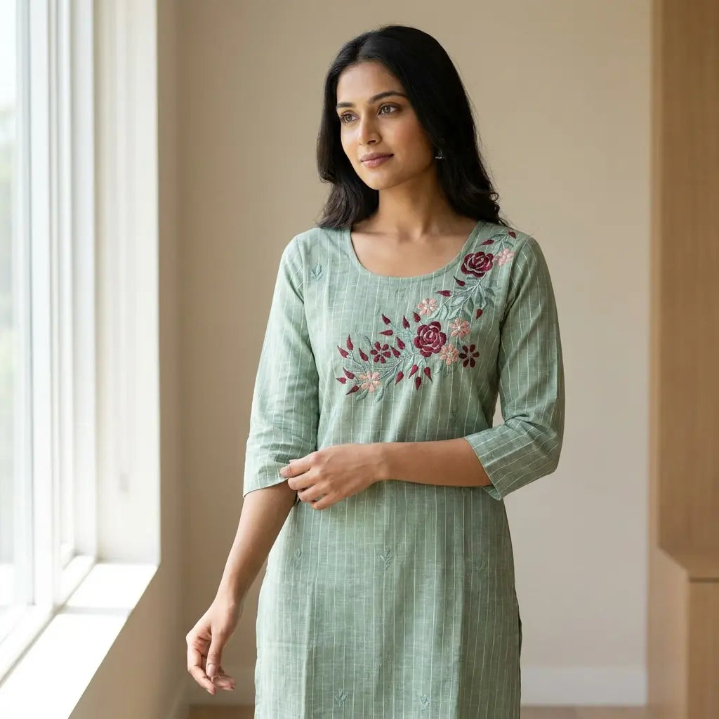 Green Floral Embroidered Kurthi Top - Size 36