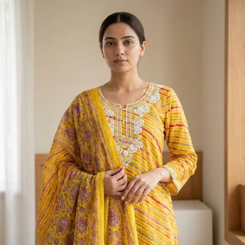 Printed Cotton 3-Piece Kurthi Set - Size 42