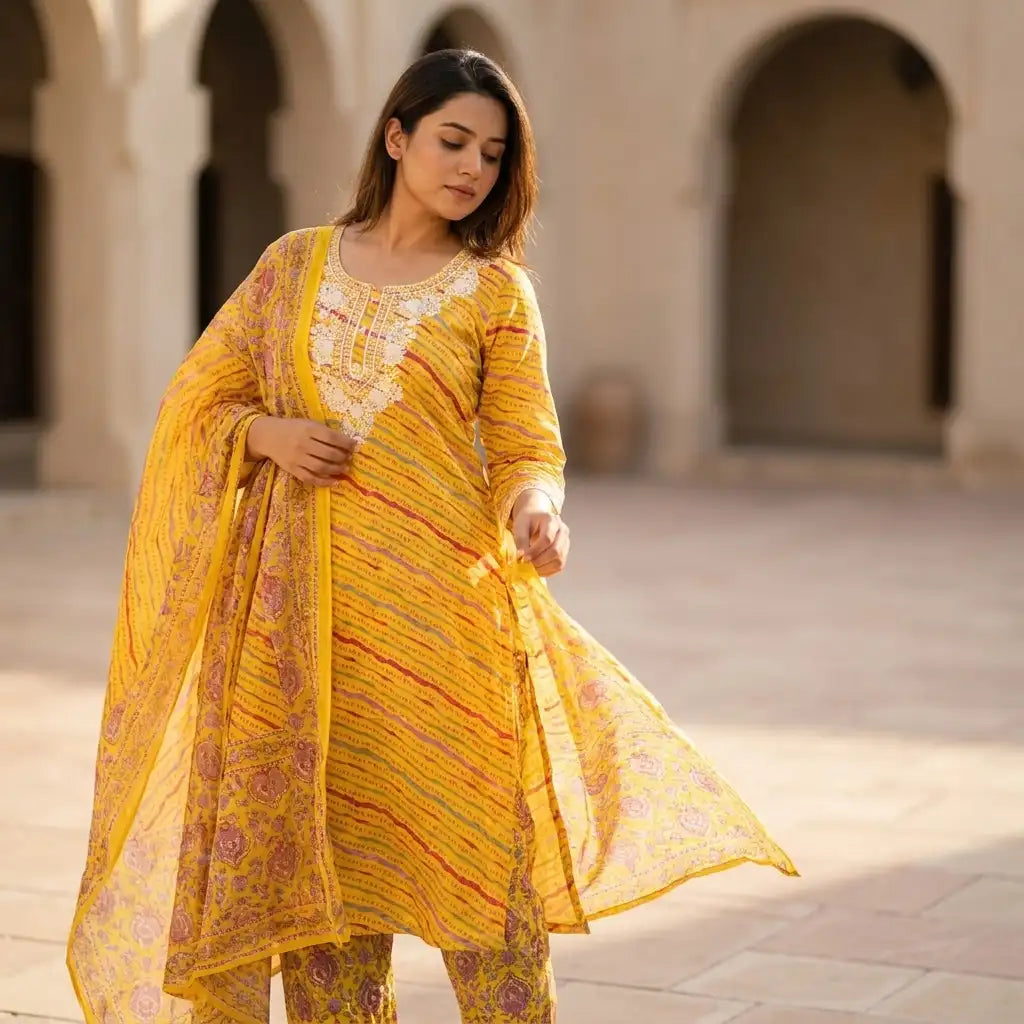 Printed Cotton 3-Piece Kurthi Set - Size 42