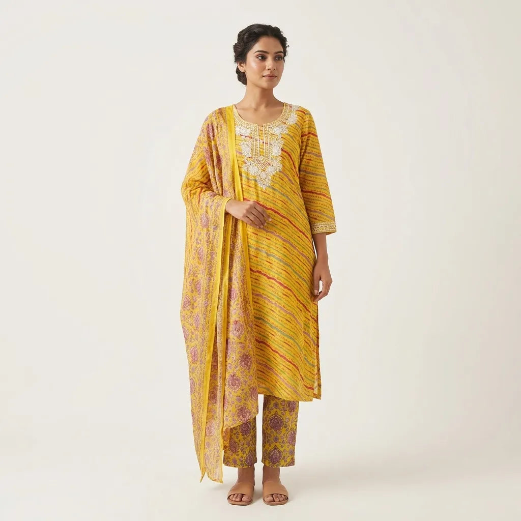 Printed Cotton 3-Piece Kurthi Set - Size 42