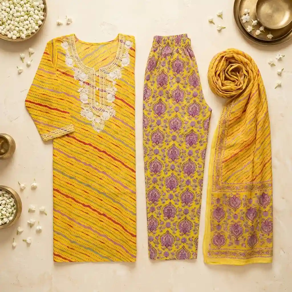Printed Cotton 3-Piece Kurthi Set - Size 42