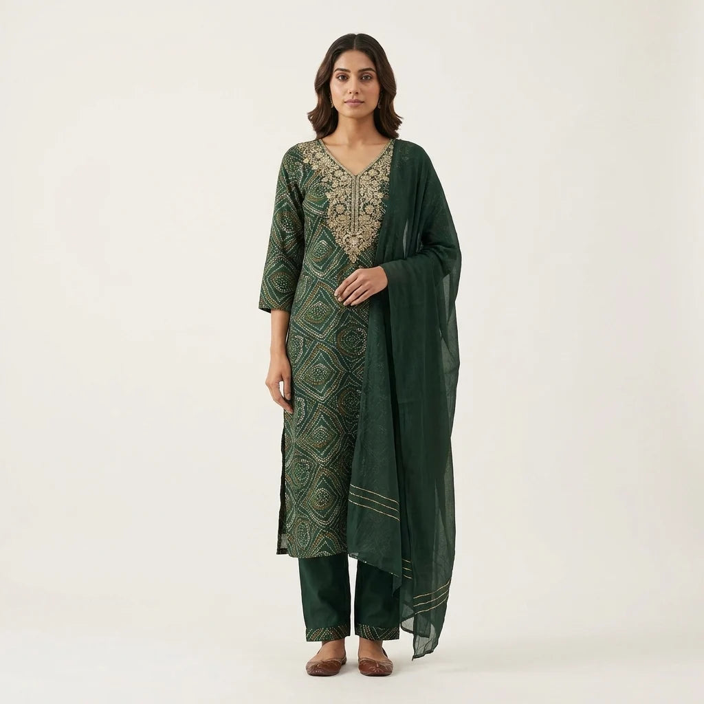 Green Bandhani Printed Kurta Set - Size 36