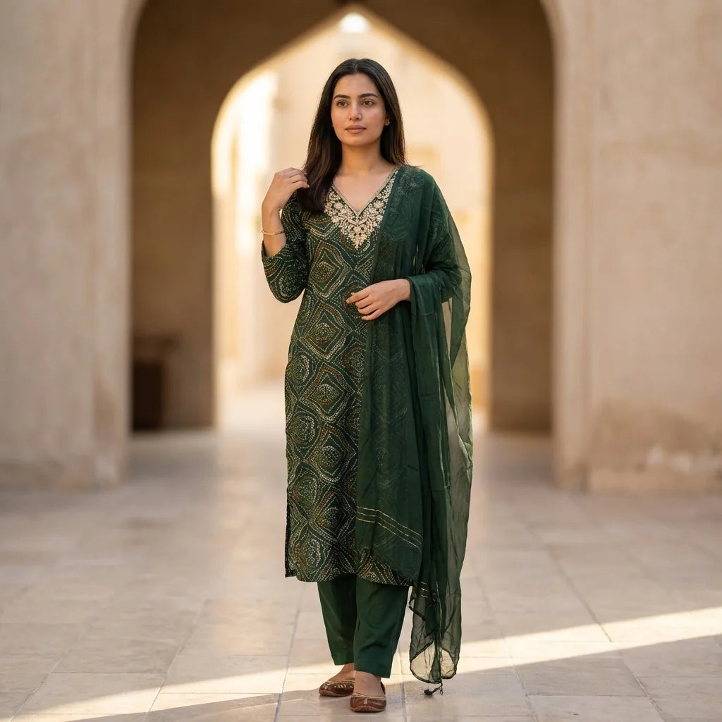 Green Bandhani Printed Kurta Set - Size 36