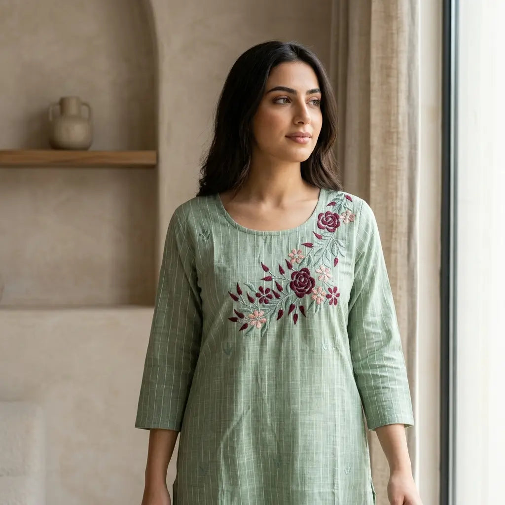 Green Floral Embroidered Kurthi Top - Size 36