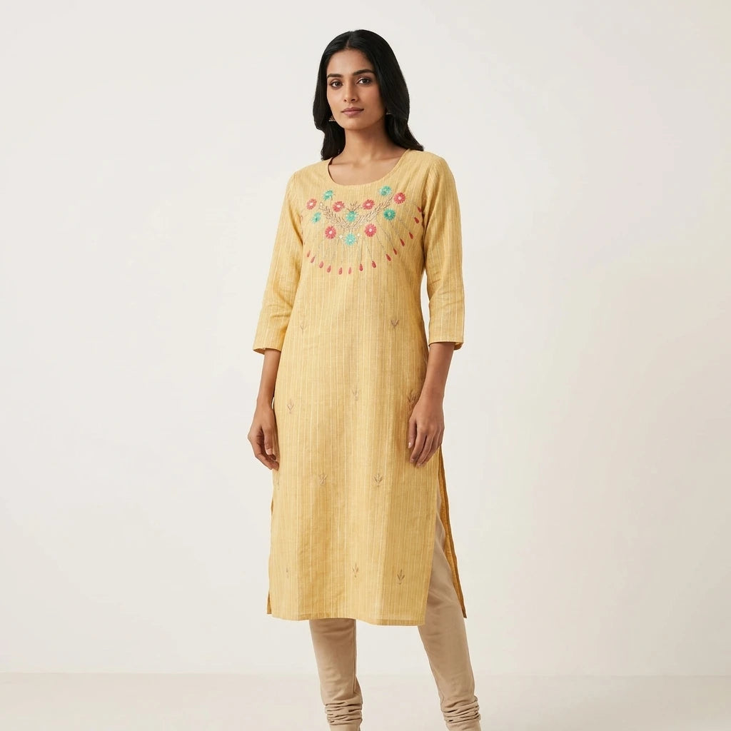 Floral Embroidered Cotton Kurthi Top - Size 42
