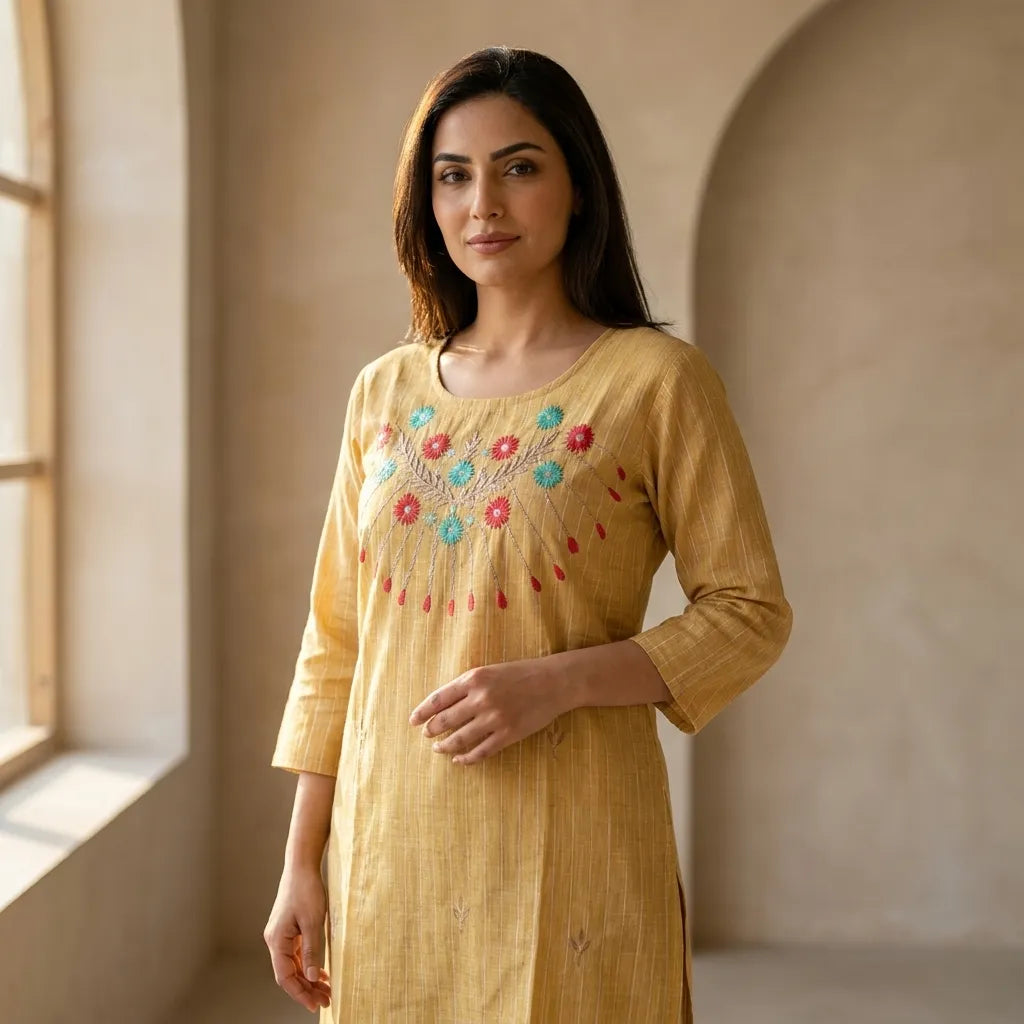 Floral Embroidered Cotton Kurthi Top - Size 42