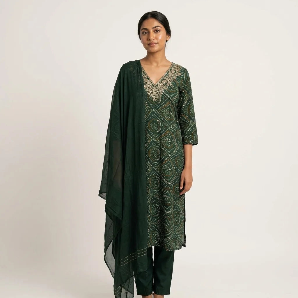 Green Bandhani Printed Kurta Set - Size 36