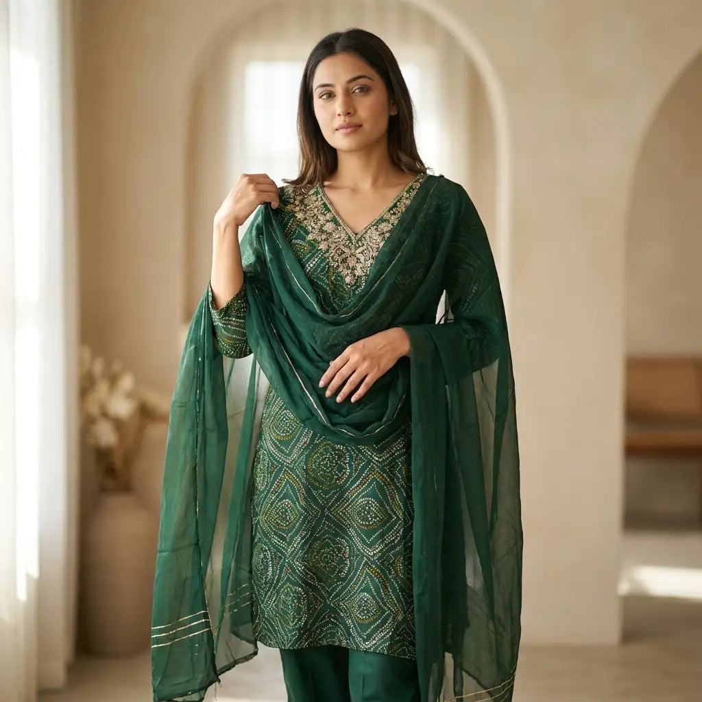 Green Bandhani Printed Kurta Set - Size 36