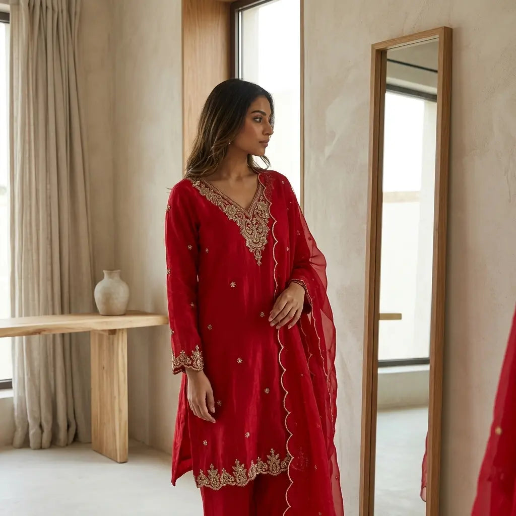 Royal Red 3-Piece Silk Kurthi Set