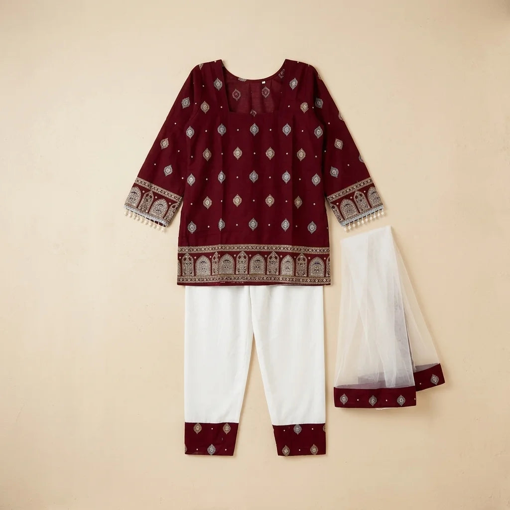 Rajasthani Maroon Short Kurthi Set