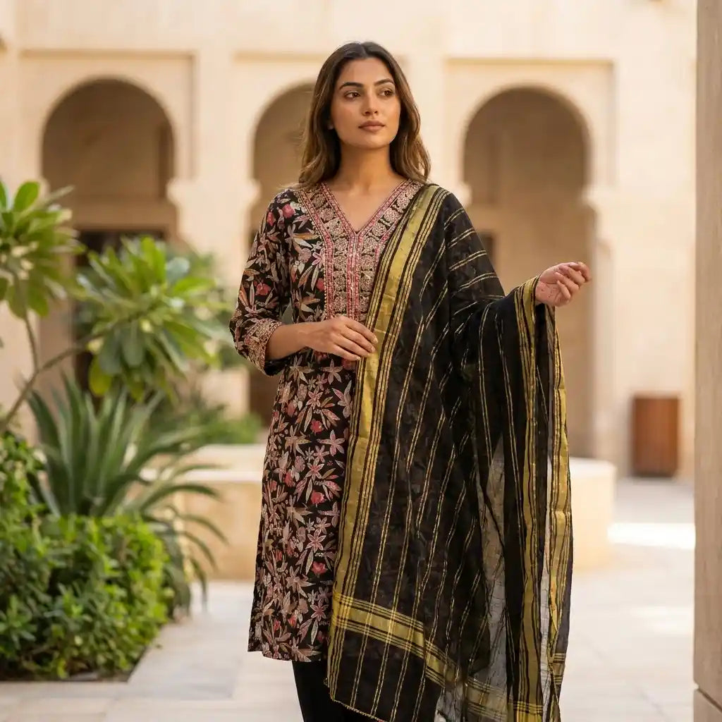 Black Floral Printed Cotton Kurthi Set
