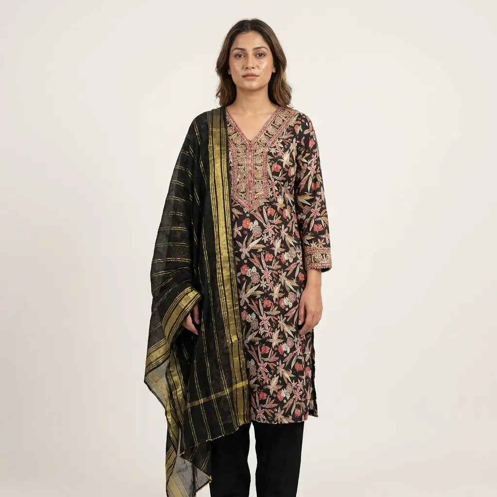 Black Floral Printed Cotton Kurthi Set