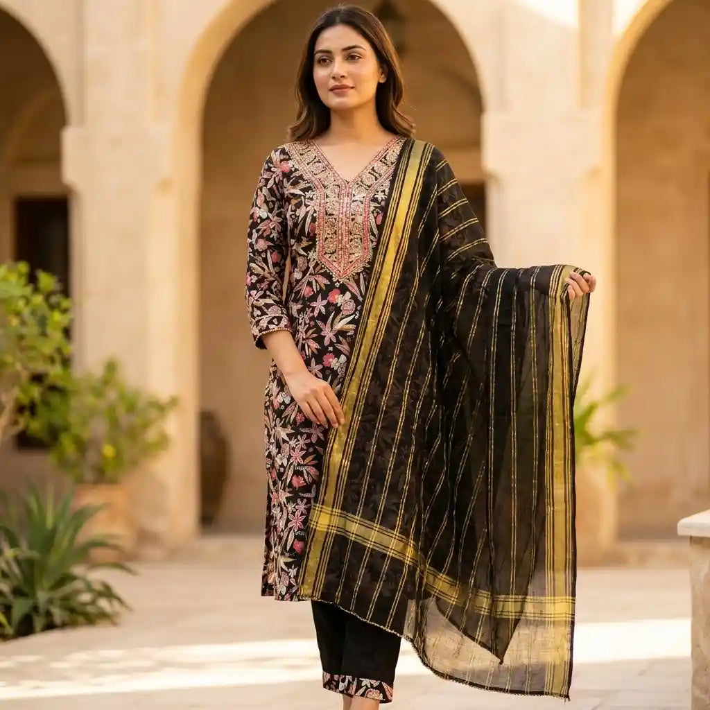 Black Floral Printed Cotton Kurthi Set