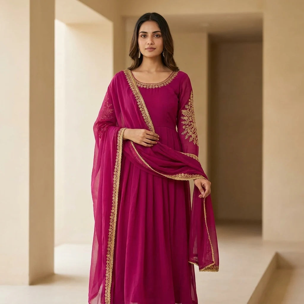 Red Embroidered Georgette Anarkali Gown Set