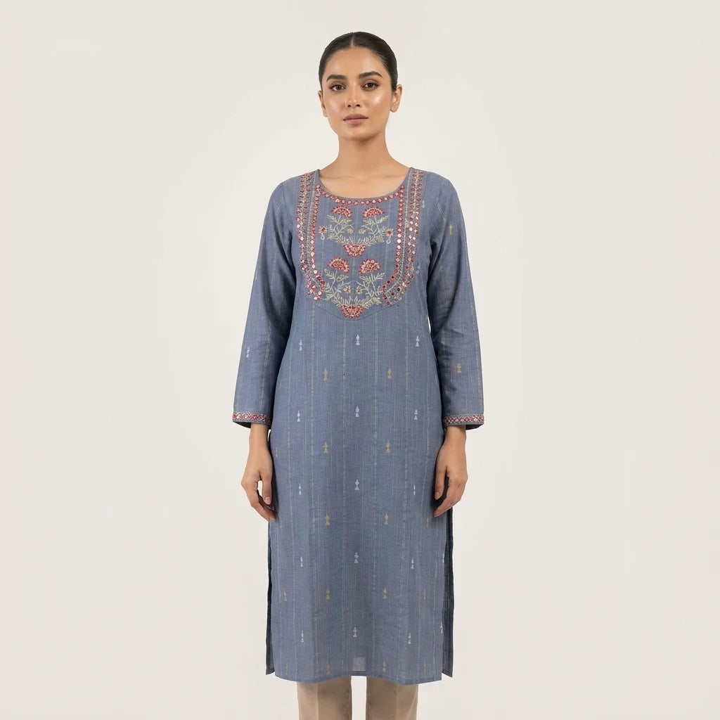 Round Neck Cotton Kurti Top - Size 38