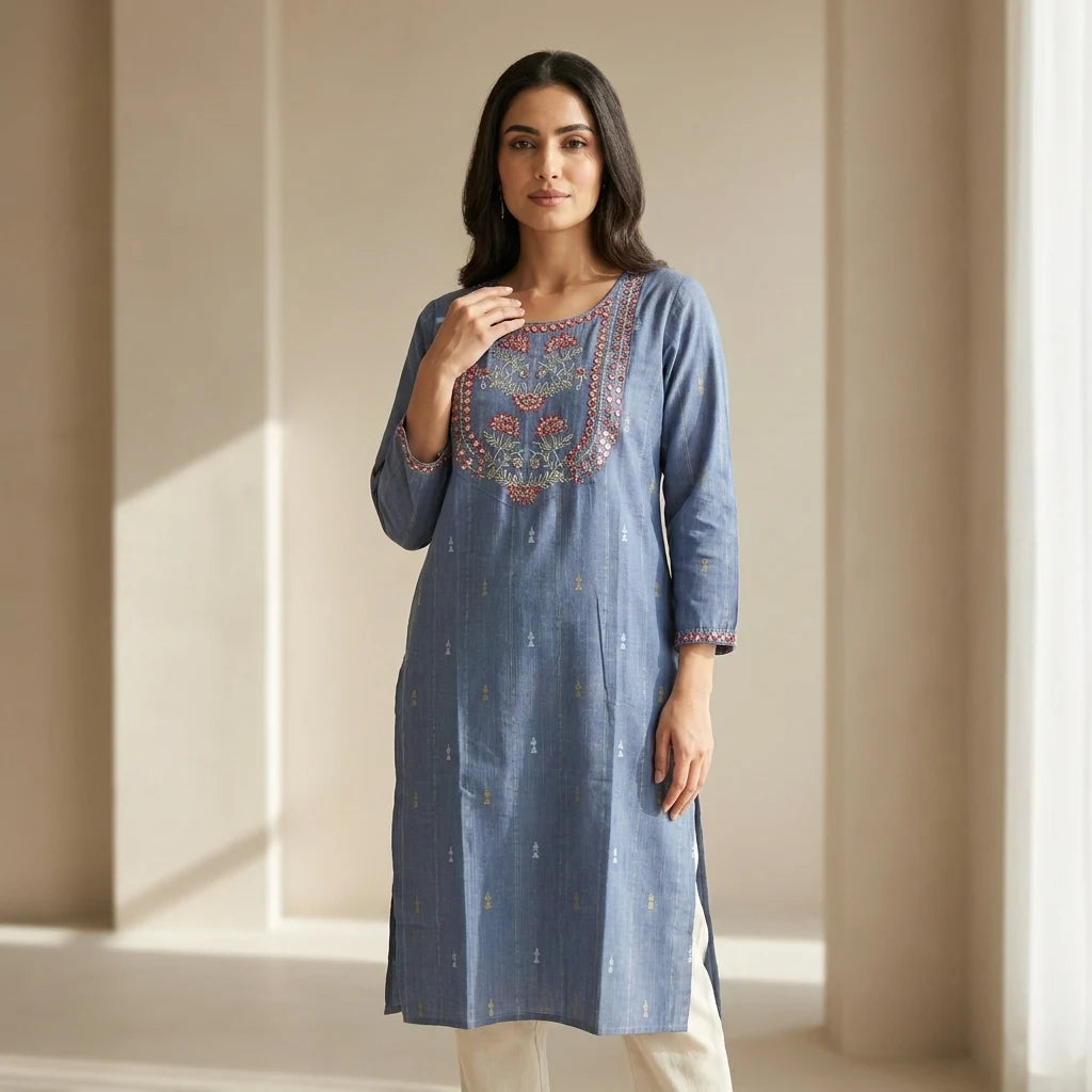 Round Neck Cotton Kurti Top - Size 38