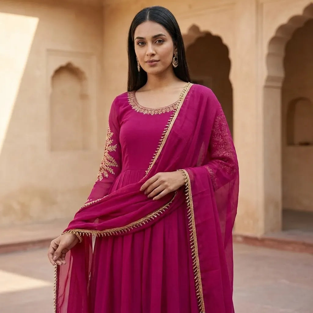 Red Embroidered Georgette Anarkali Gown Set