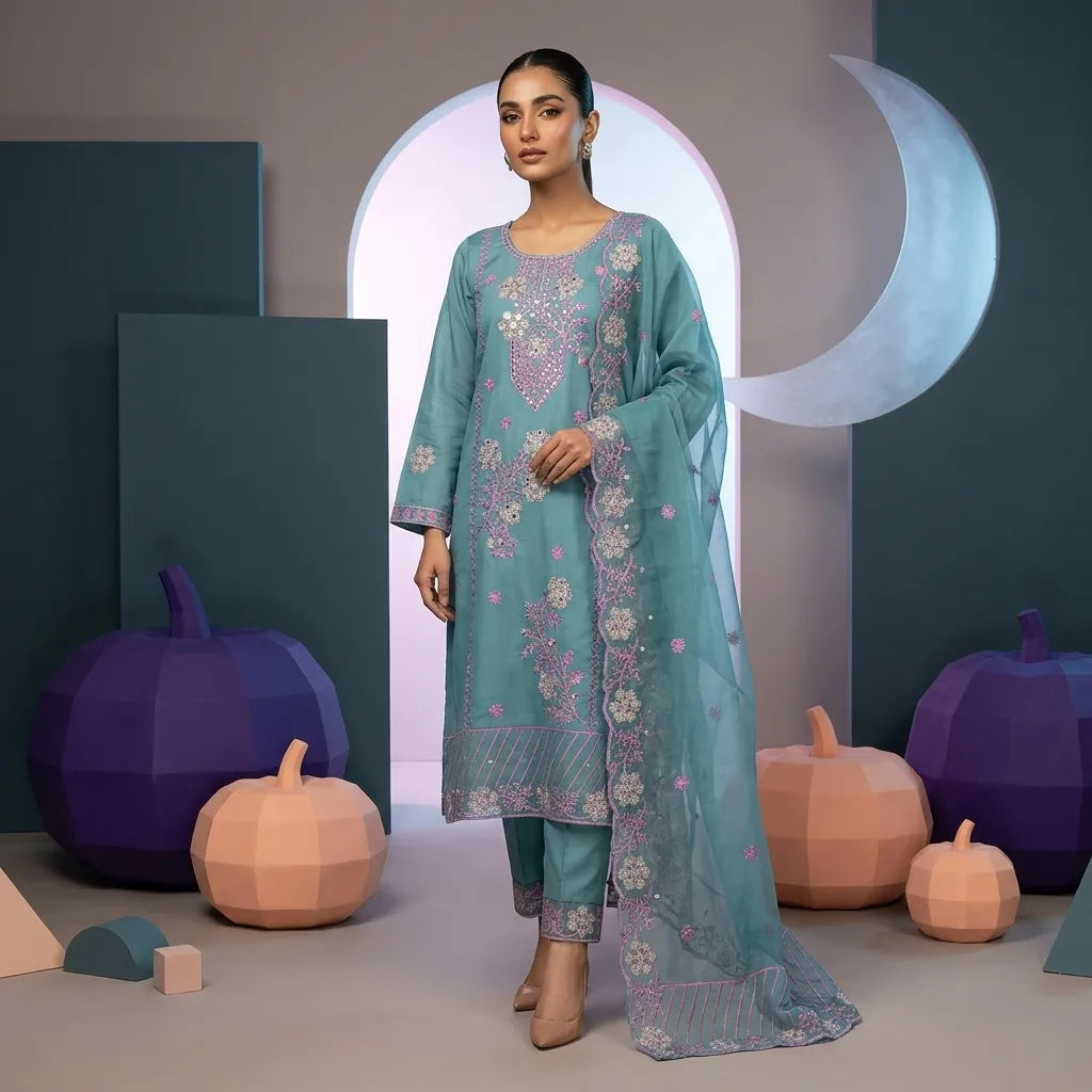 Floral Embroidered 3-Piece Kurta Set - Size 40