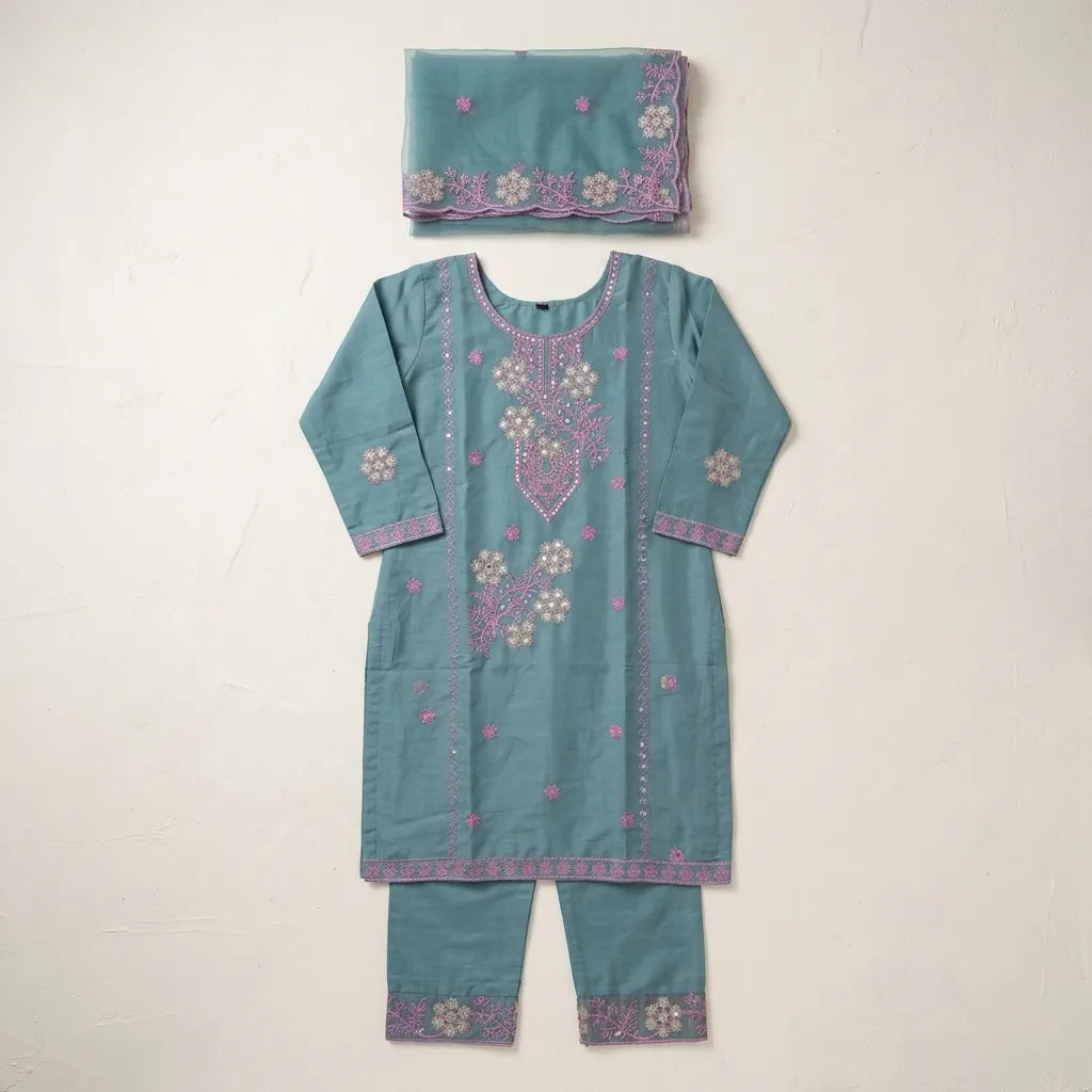 Floral Embroidered 3-Piece Kurta Set - Size 40