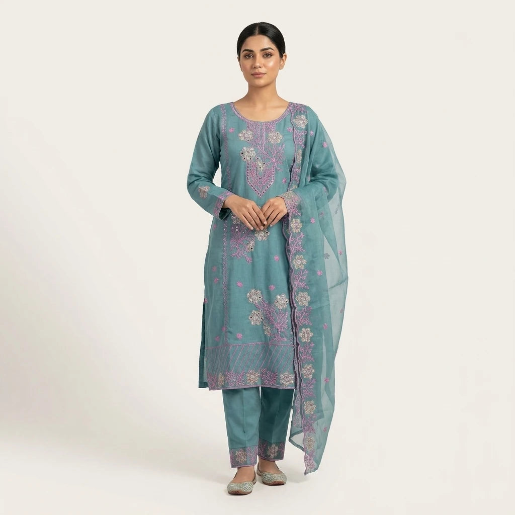 Floral Embroidered 3-Piece Kurta Set - Size 40