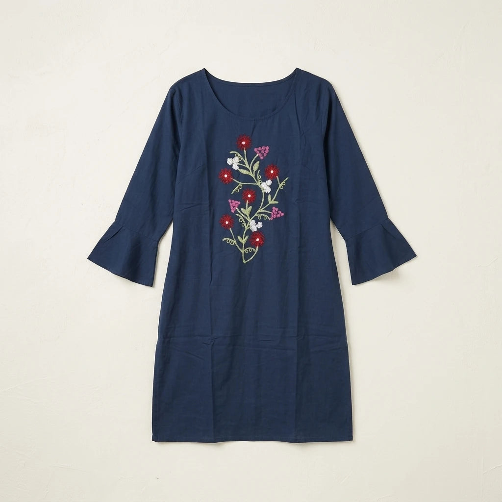 Floral Embroidered Cotton Kurti Top - Size 42