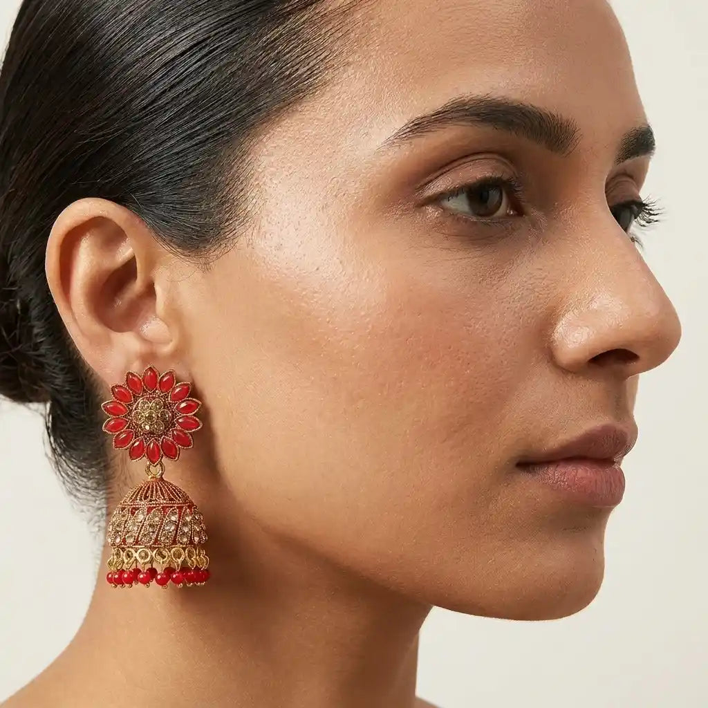 Ruby Red Floral Antique-Style Jhumka Earrings Qatar