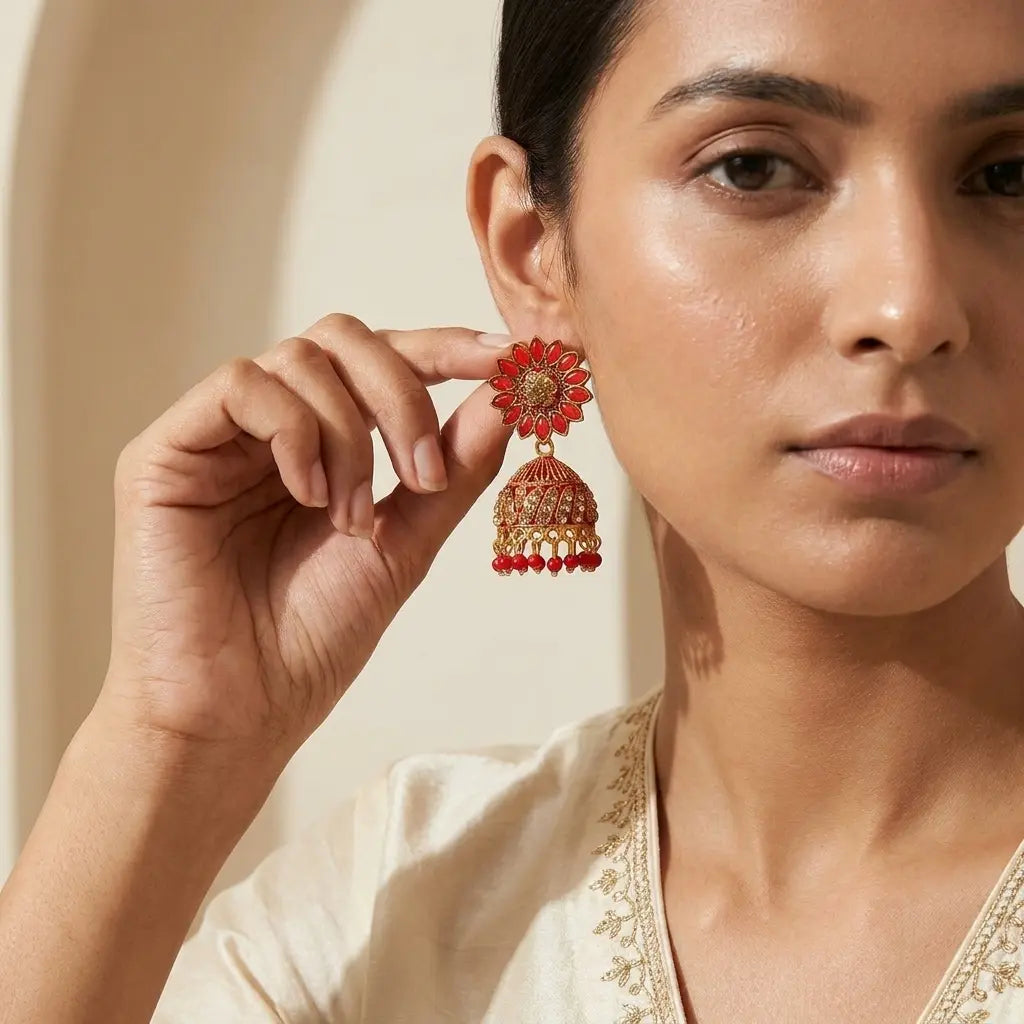 Ruby Red Floral Antique-Style Jhumka Earrings Qatar
