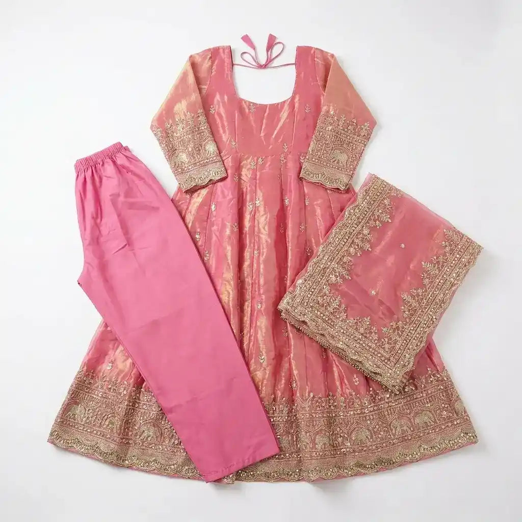 Rose Pink Embroidered 3-Piece Gown Kurthi Set