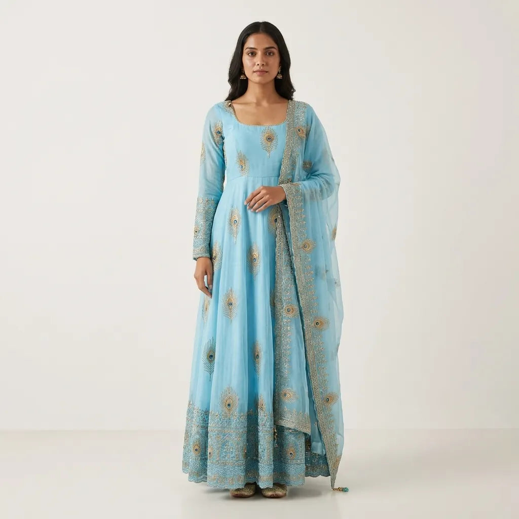 Women's Light Blue Peacock Motif Anarkali Kurta Set